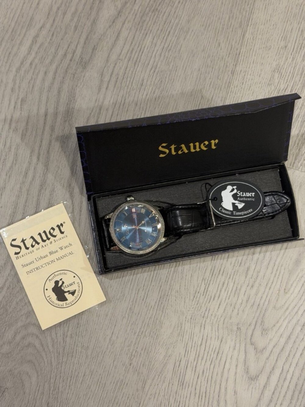 NIB Stauer Urban Blue Watch Men Silver Tone Date 44mm Blue Dial Leather
